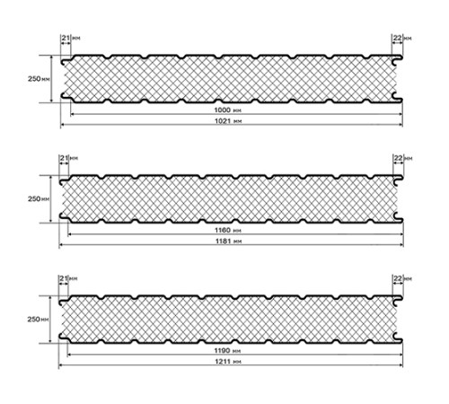 Сэндвич панели стеновые с пенополиизоциануратом, ширина 1000 мм, толщина 250 мм, 0.5/0.5, дуб